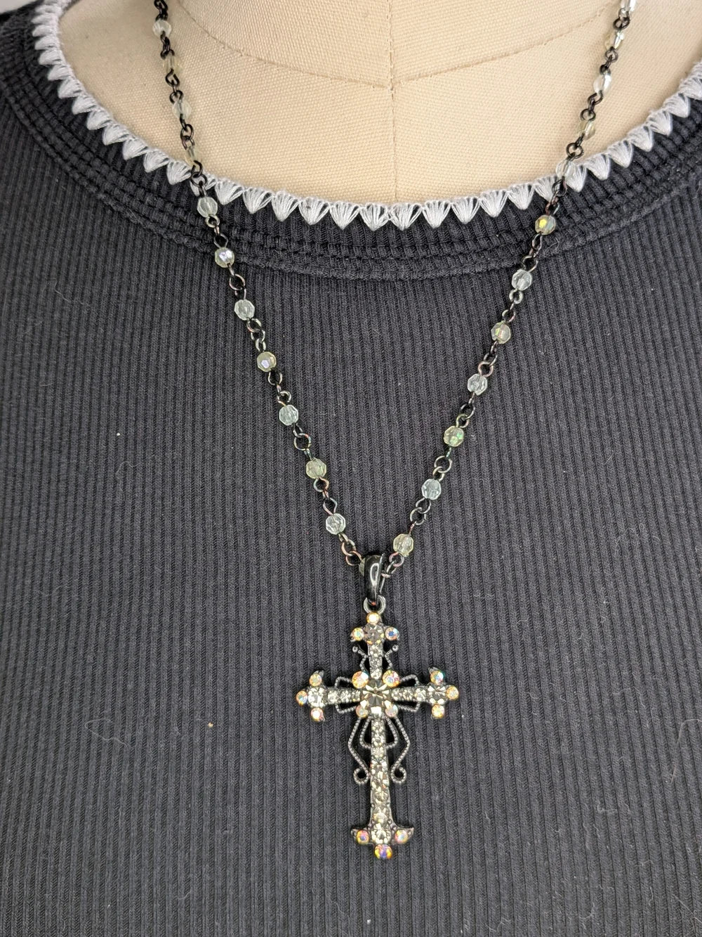 Rhinestone Cross Pendant Necklace - Black with Iridescent Stones
